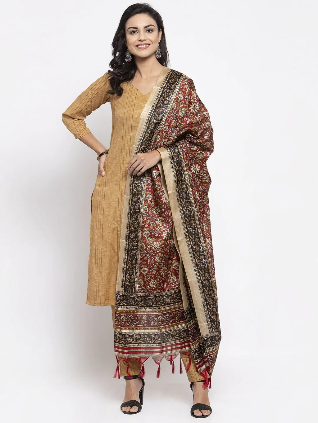 Jompers Women's Beige & Black Striped Kurta with Trousers & Red Printed Dupatta