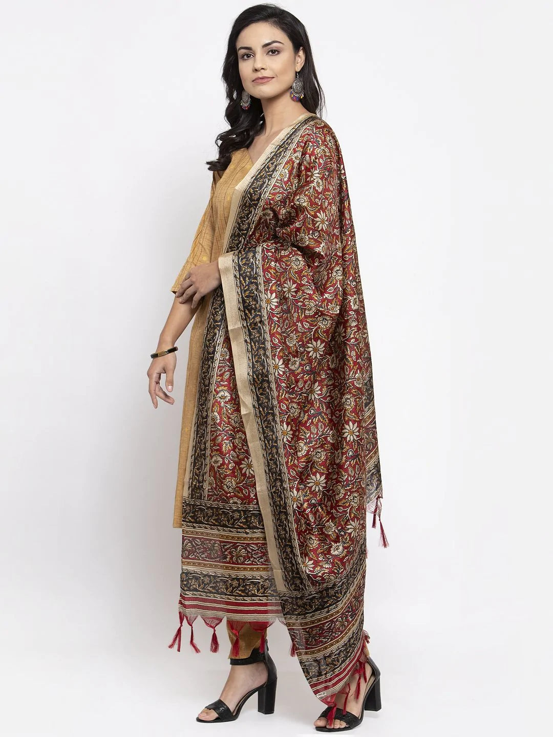 Jompers Women's Beige & Black Striped Kurta with Trousers & Red Printed Dupatta