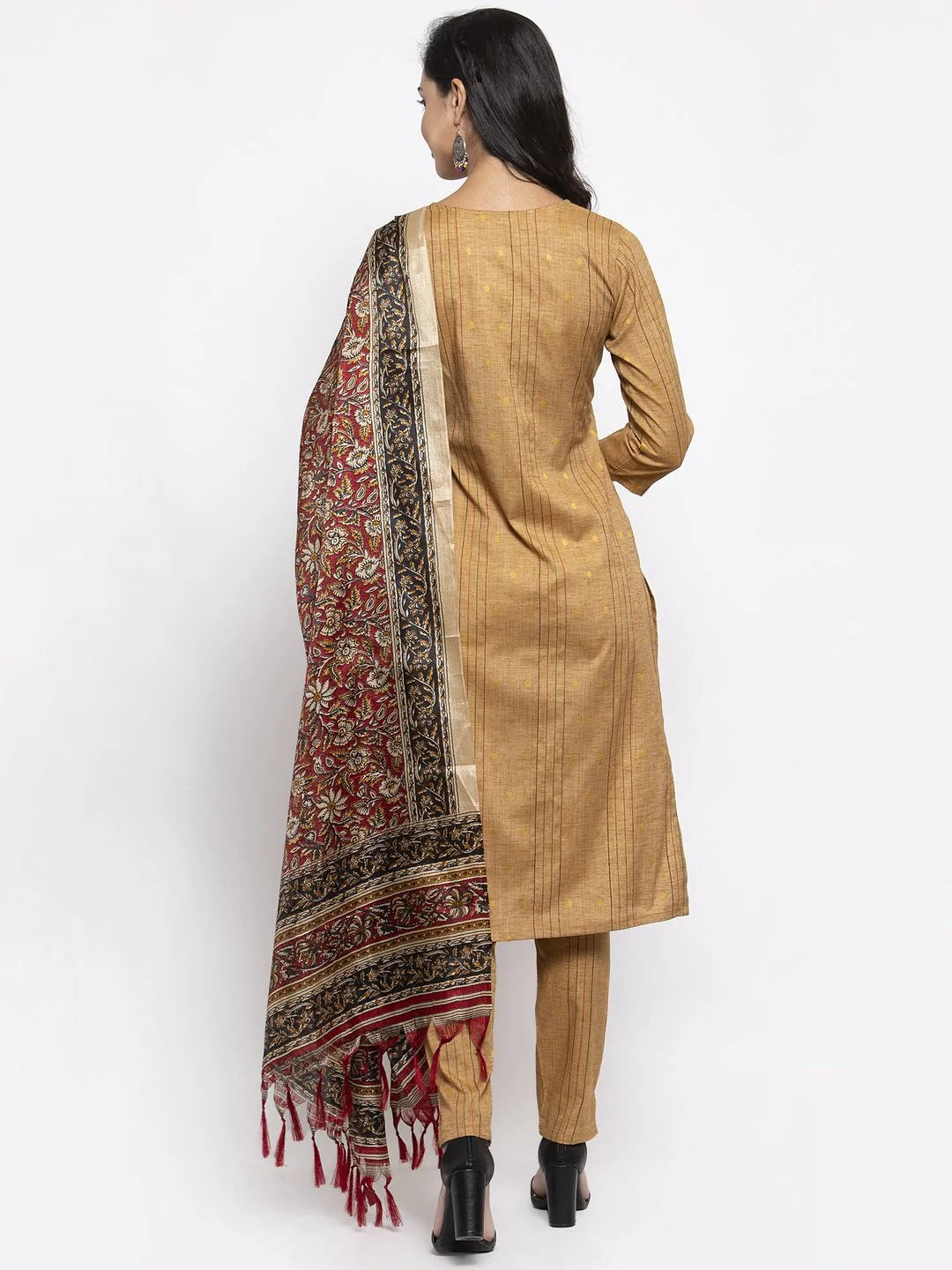 Jompers Women's Beige & Black Striped Kurta with Trousers & Red Printed Dupatta