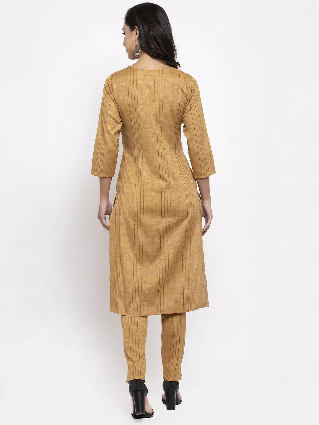 Jompers Women's Beige & Black Striped Kurta with Trousers & Red Printed Dupatta