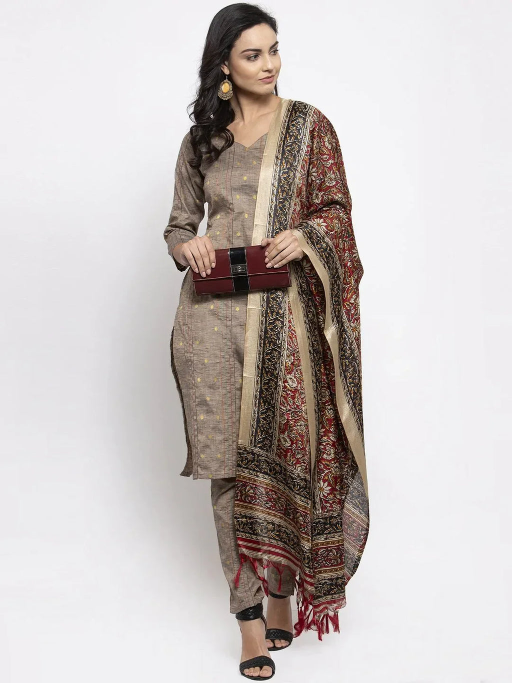 Jompers Women's Grey Striped Kurta with Trousers & Red Printed Dupatta