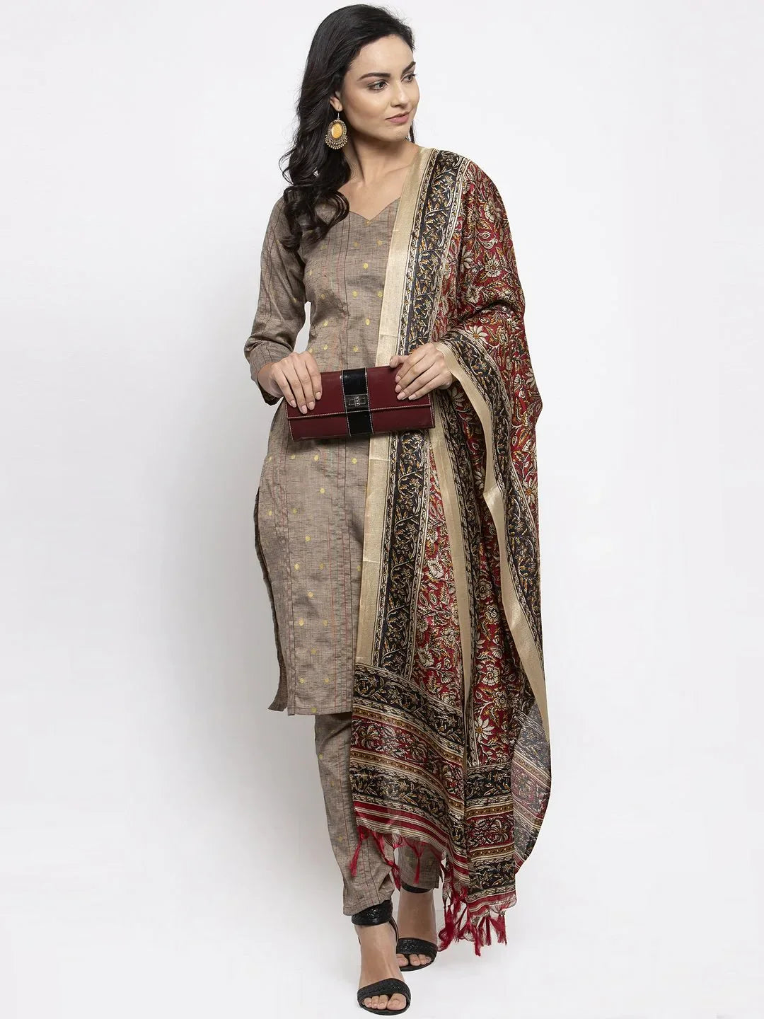 Jompers Women's Grey Striped Kurta with Trousers & Red Printed Dupatta