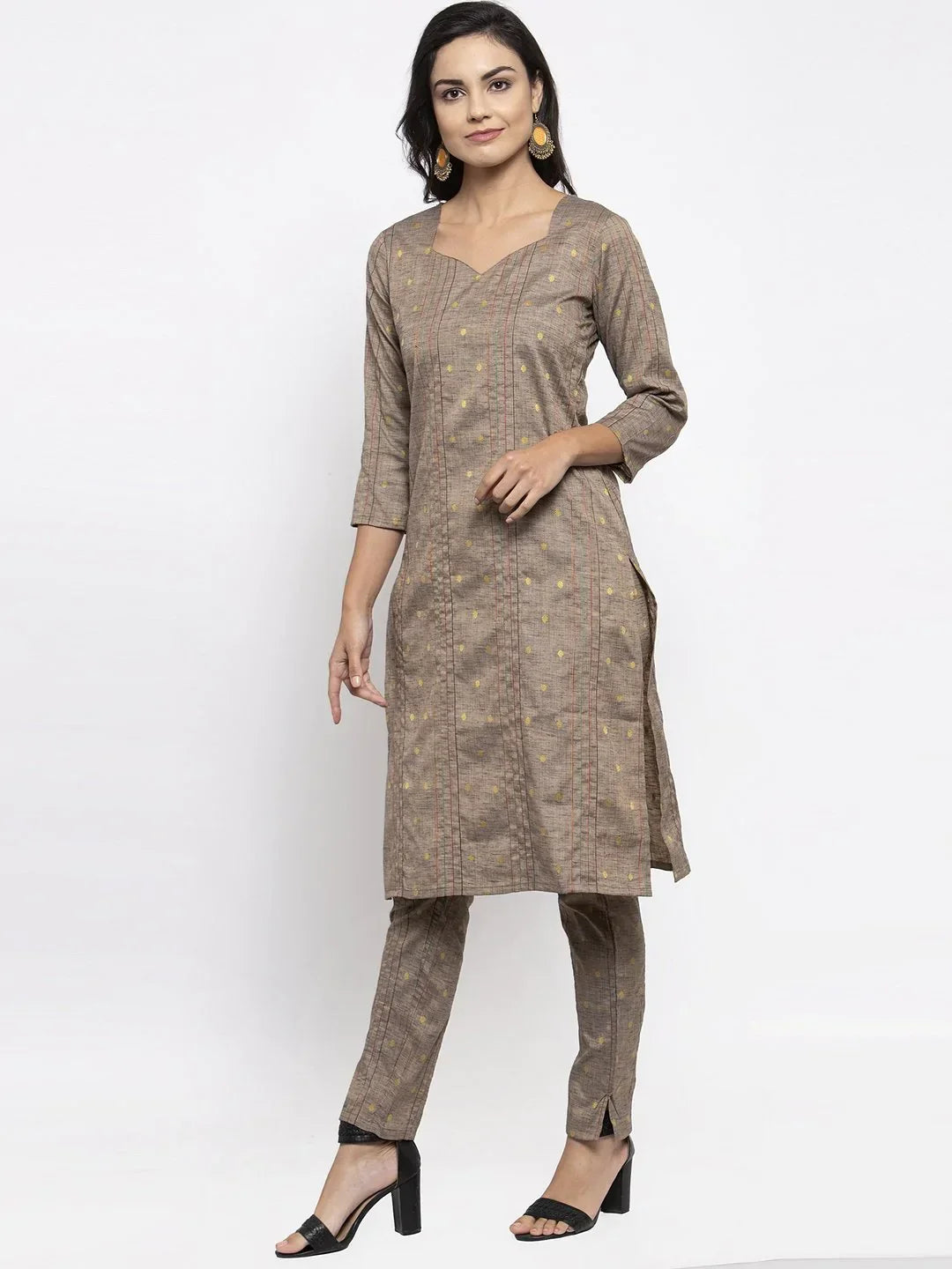 Jompers Women's Grey Striped Kurta with Trousers & Red Printed Dupatta