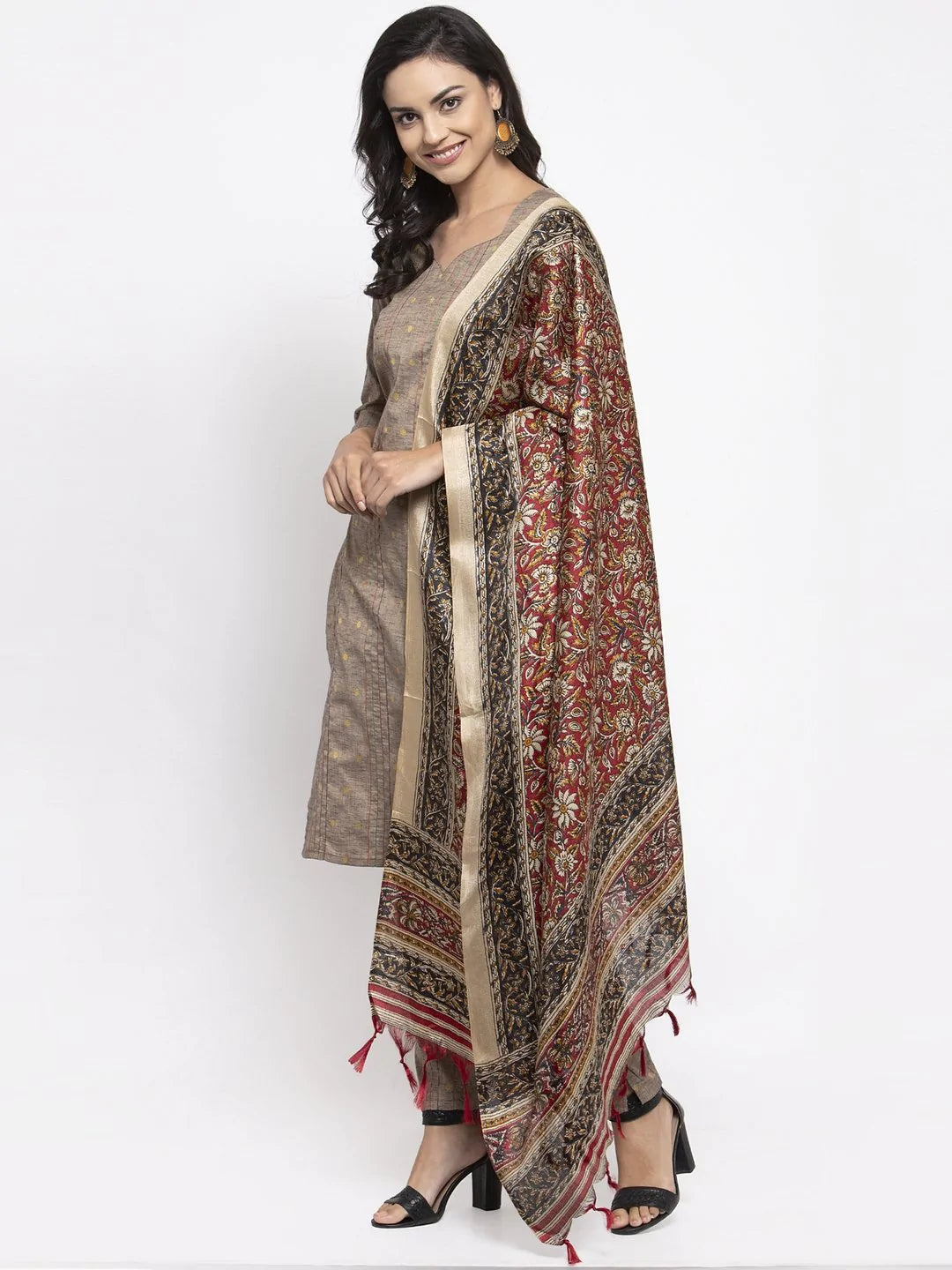 Jompers Women's Grey Striped Kurta with Trousers & Red Printed Dupatta