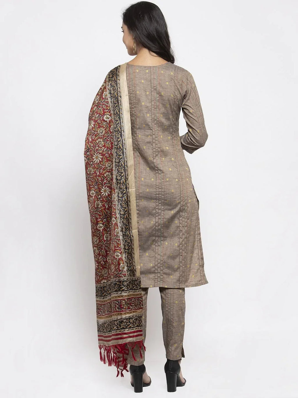 Jompers Women's Grey Striped Kurta with Trousers & Red Printed Dupatta