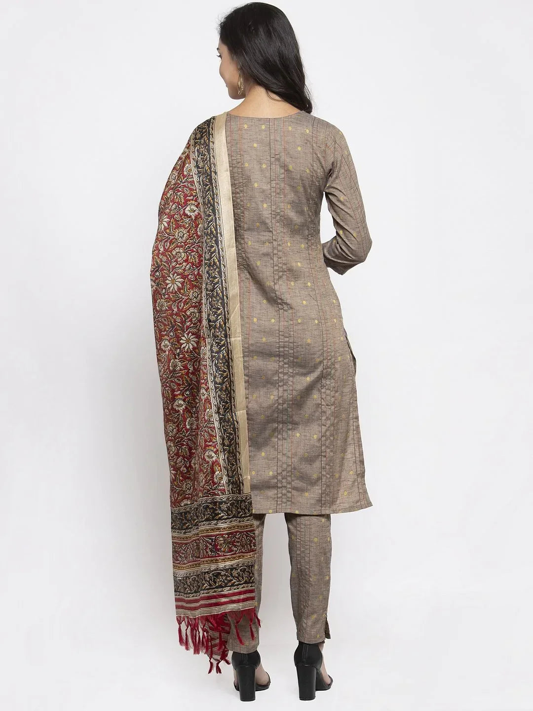 Jompers Women's Grey Striped Kurta with Trousers & Red Printed Dupatta