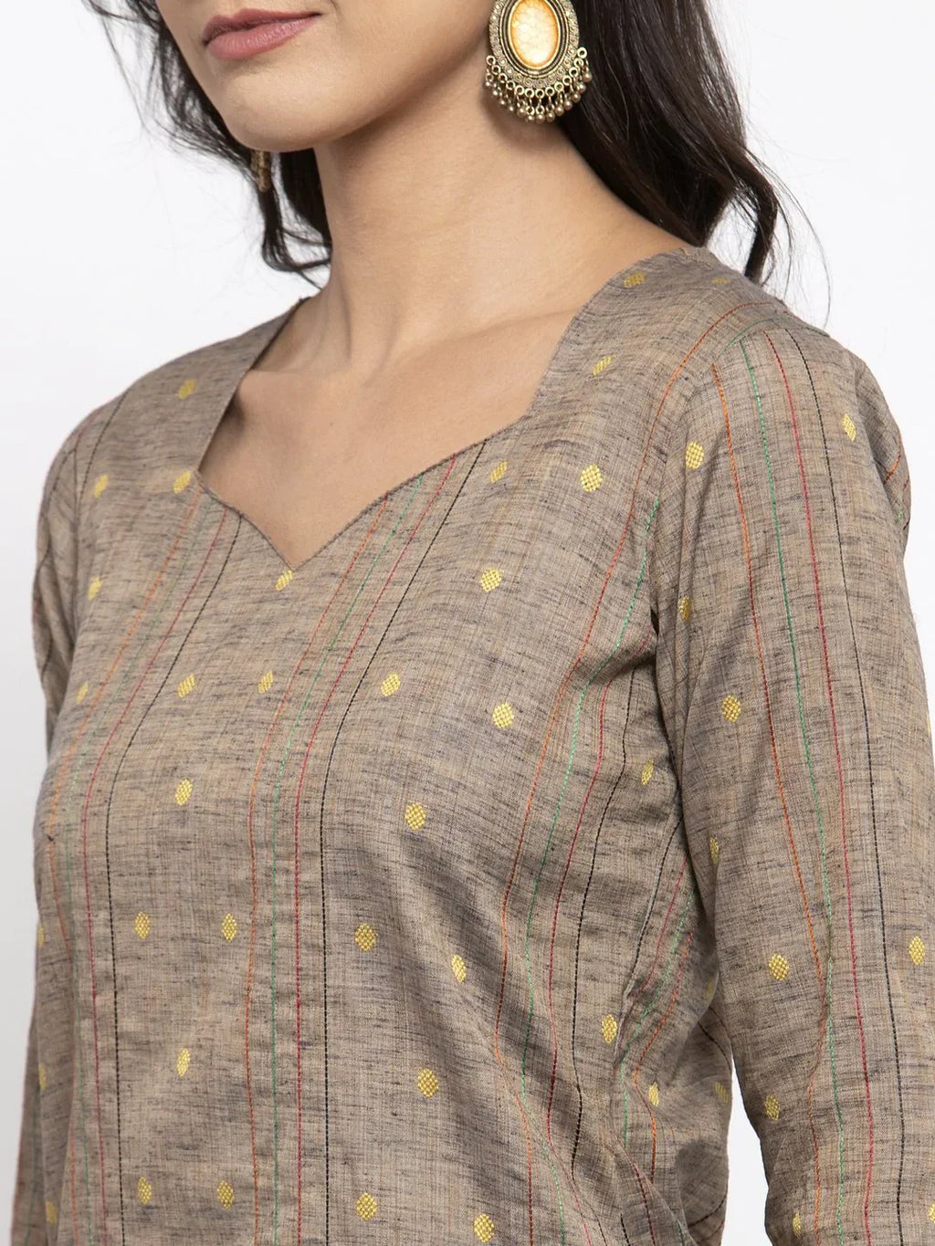 Jompers Women's Grey Striped Kurta with Trousers & Red Printed Dupatta