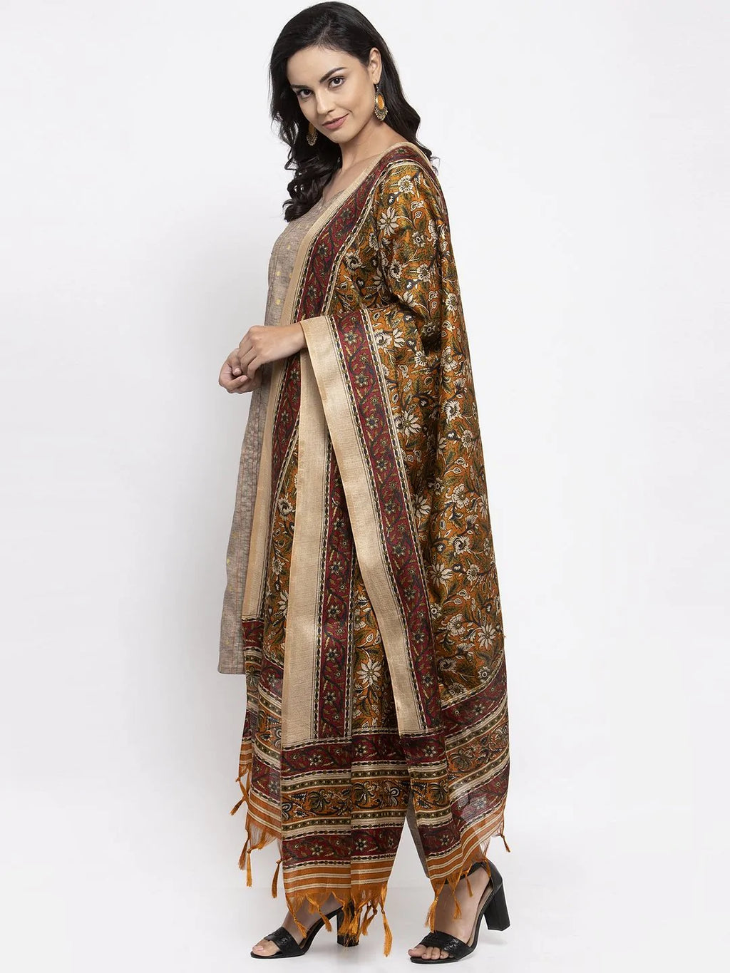 Jompers Women's Grey Striped Kurta with Trousers & Mustard Printed Dupatta