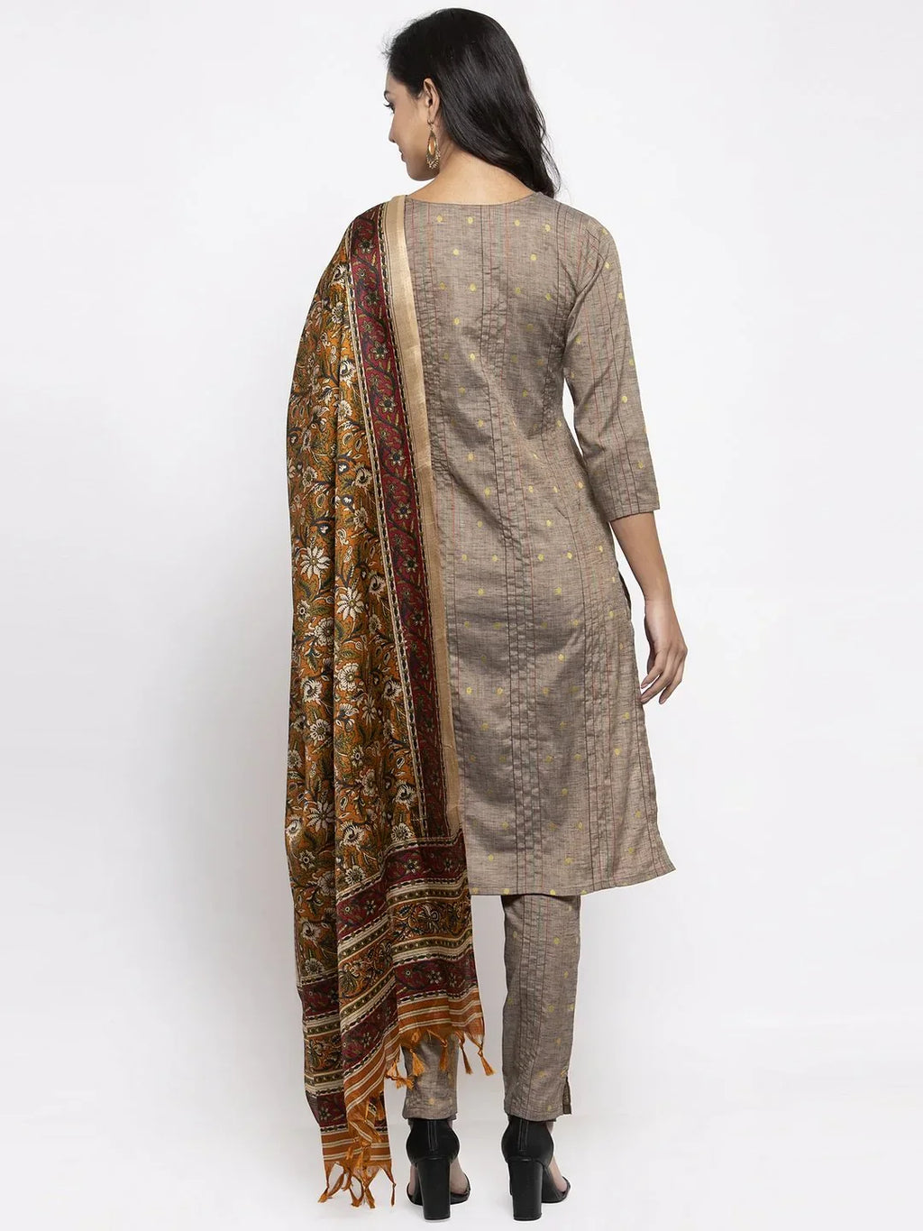 Jompers Women's Grey Striped Kurta with Trousers & Mustard Printed Dupatta