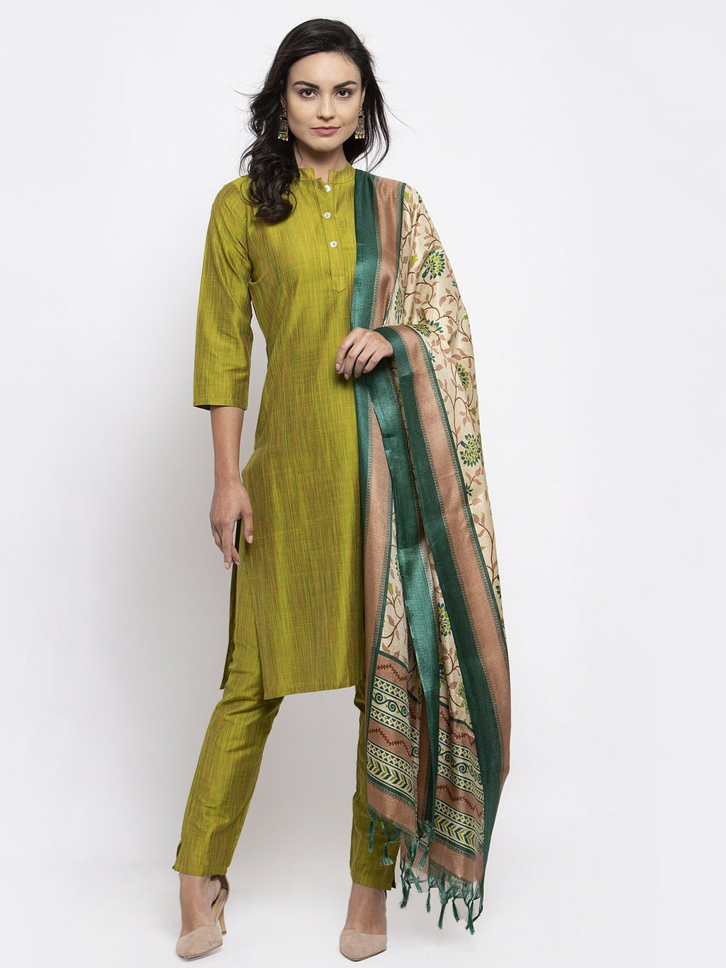 Jompers Women Green Self-Striped Kurta with Trousers & Art Silk Dupatta