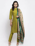 Jompers Women Green Self-Striped Kurta with Trousers & Art Silk Dupatta