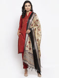 Jompers Women Red Self-Striped Kurta with Trousers & Art Silk Dupatta
