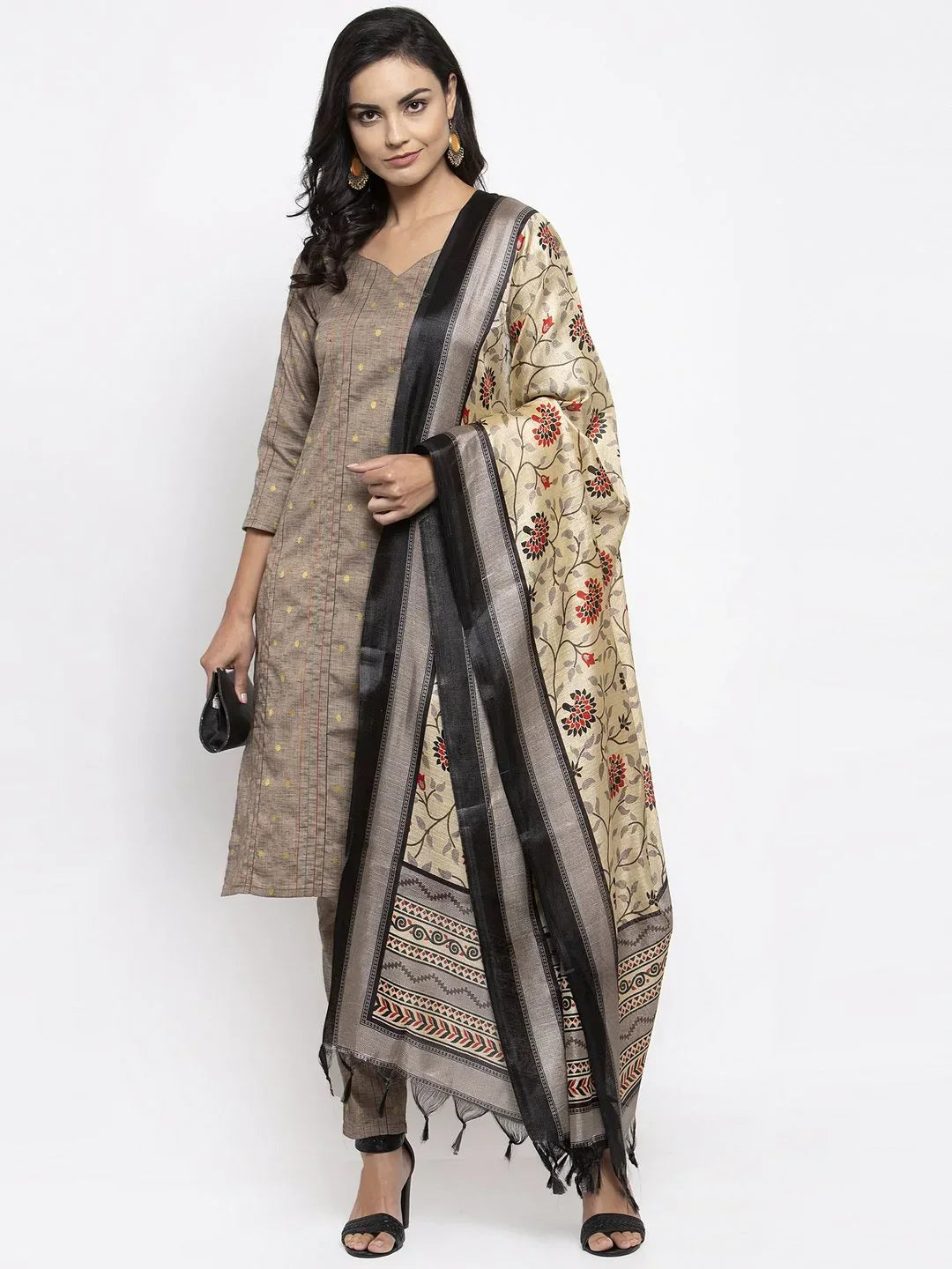 Jompers Women's Grey Striped Kurta with Trousers & Beige-Red Printed Dupatta