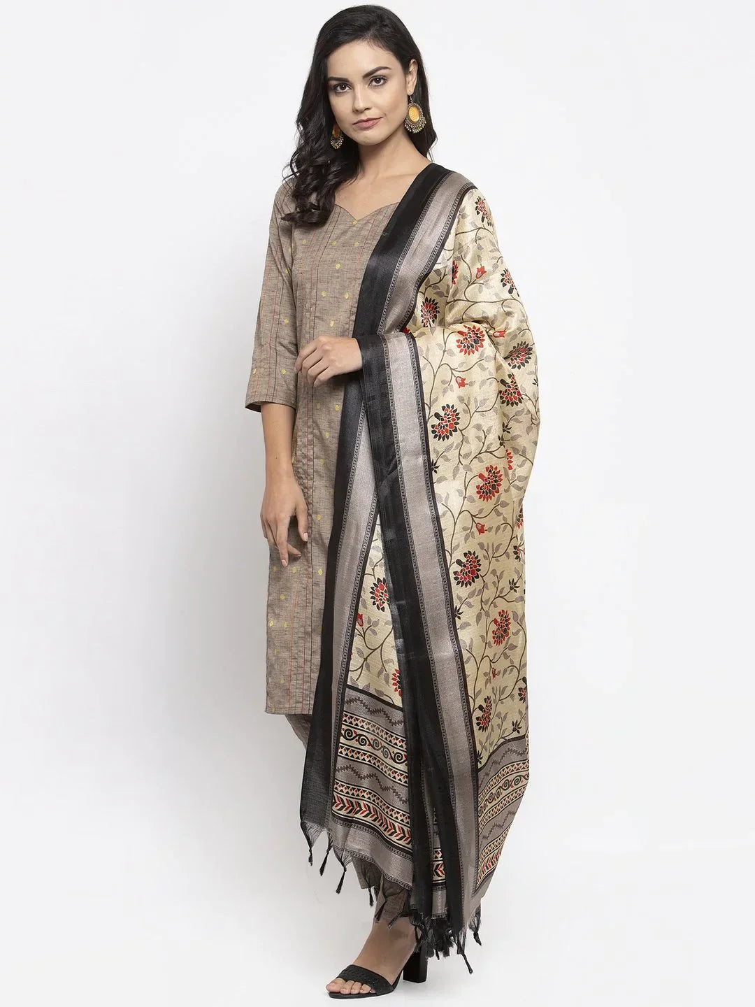Jompers Women's Grey Striped Kurta with Trousers & Beige-Red Printed Dupatta