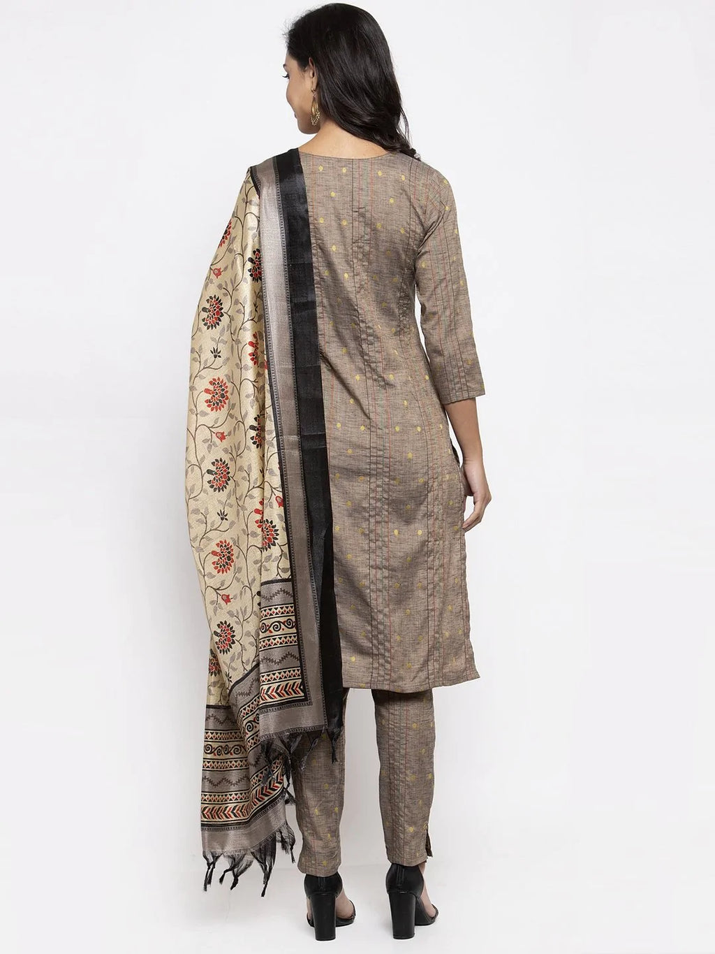 Jompers Women's Grey Striped Kurta with Trousers & Beige-Red Printed Dupatta