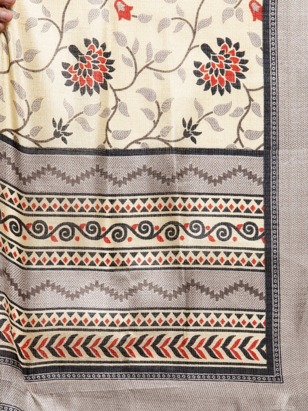 Jompers Women's Grey Striped Kurta with Trousers & Beige-Red Printed Dupatta
