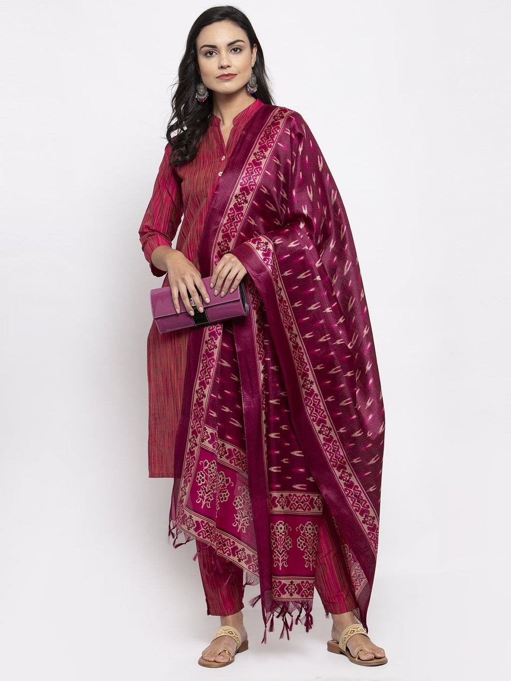 Jompers Women Pink Self-Striped Kurta with Trousers & Art Silk Printed Dupatta