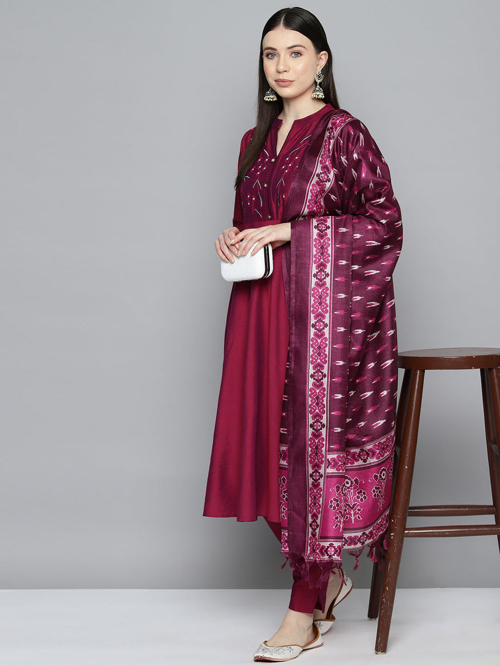 Jompers Women's Embroidered Cotton Silk Flared kurta,pant with dupatta set - Pink