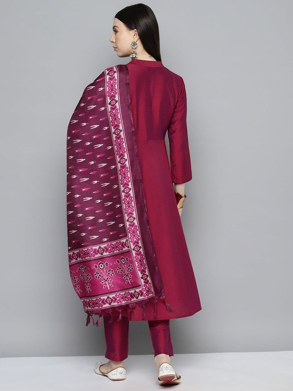 Jompers Women's Embroidered Cotton Silk Flared kurta,pant with dupatta set - Pink