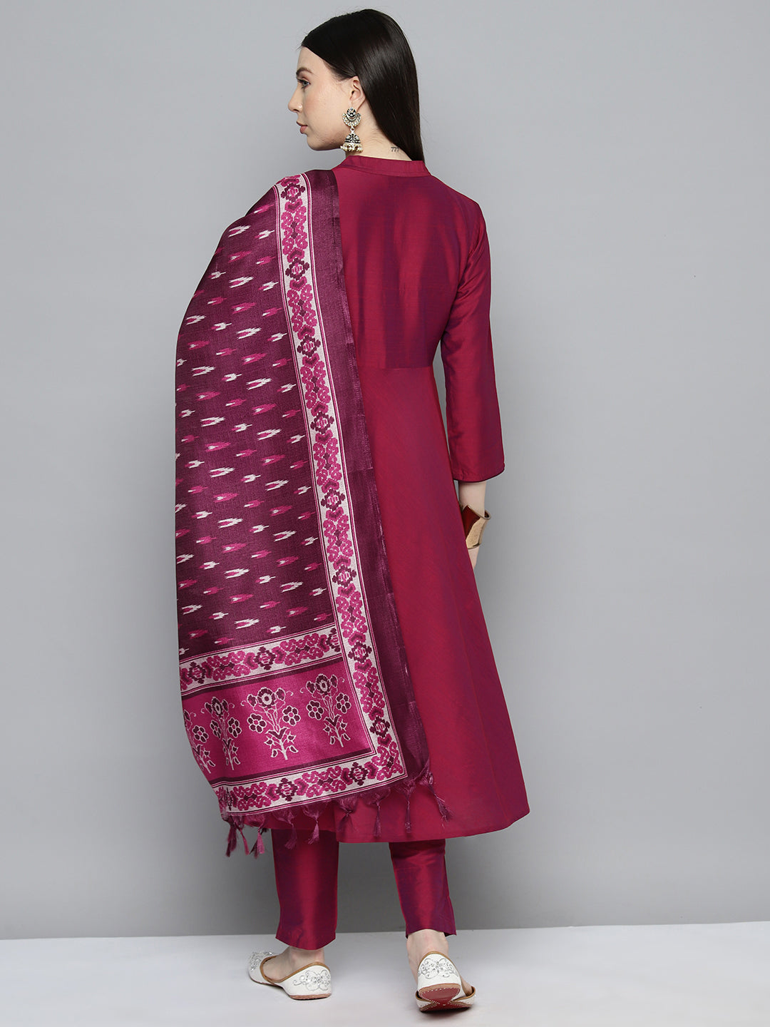 Jompers Women's Embroidered Cotton Silk Flared kurta,pant with dupatta set - Pink