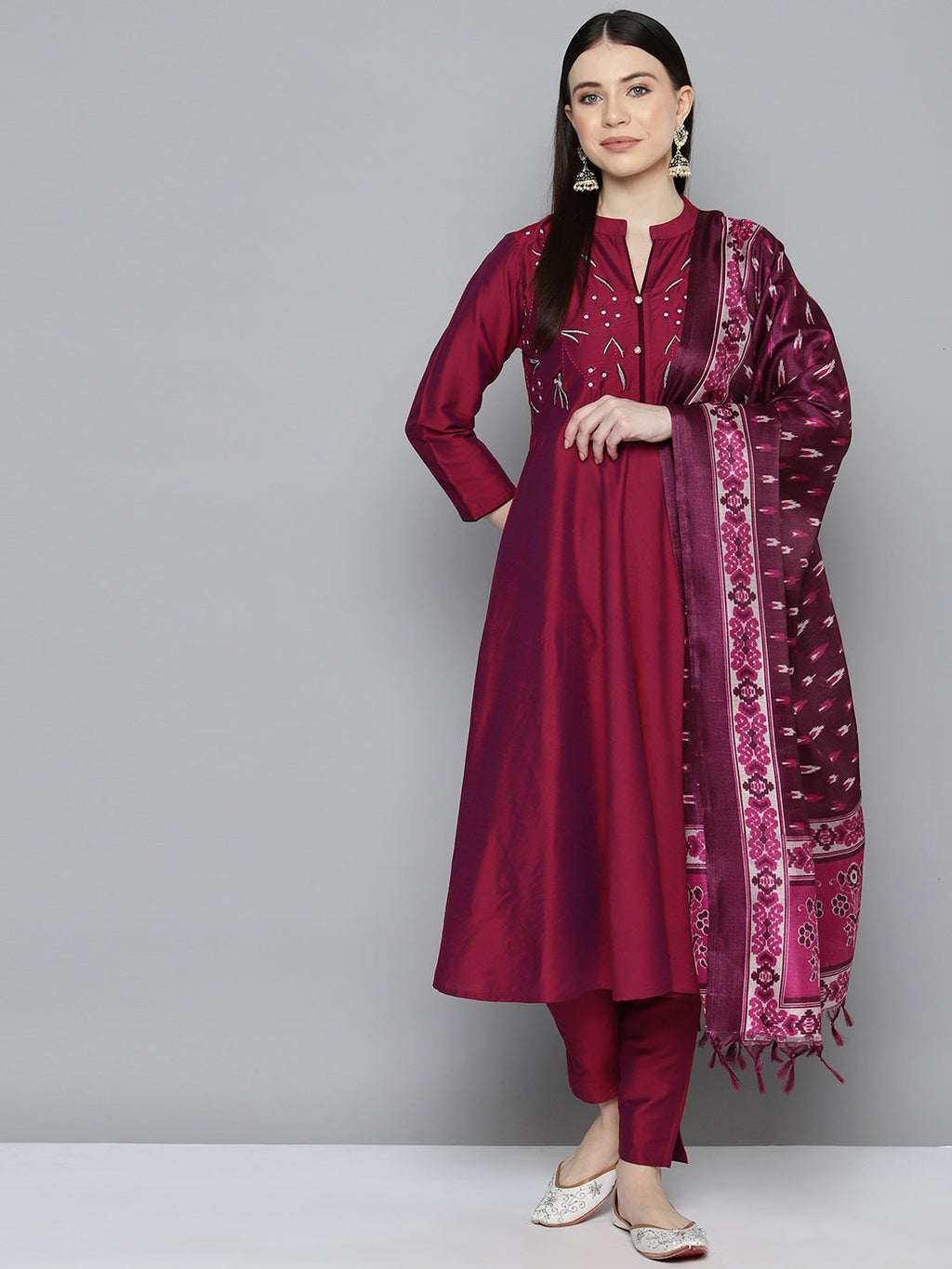 Jompers Women's Embroidered Cotton Silk Flared kurta,pant with dupatta set - Pink