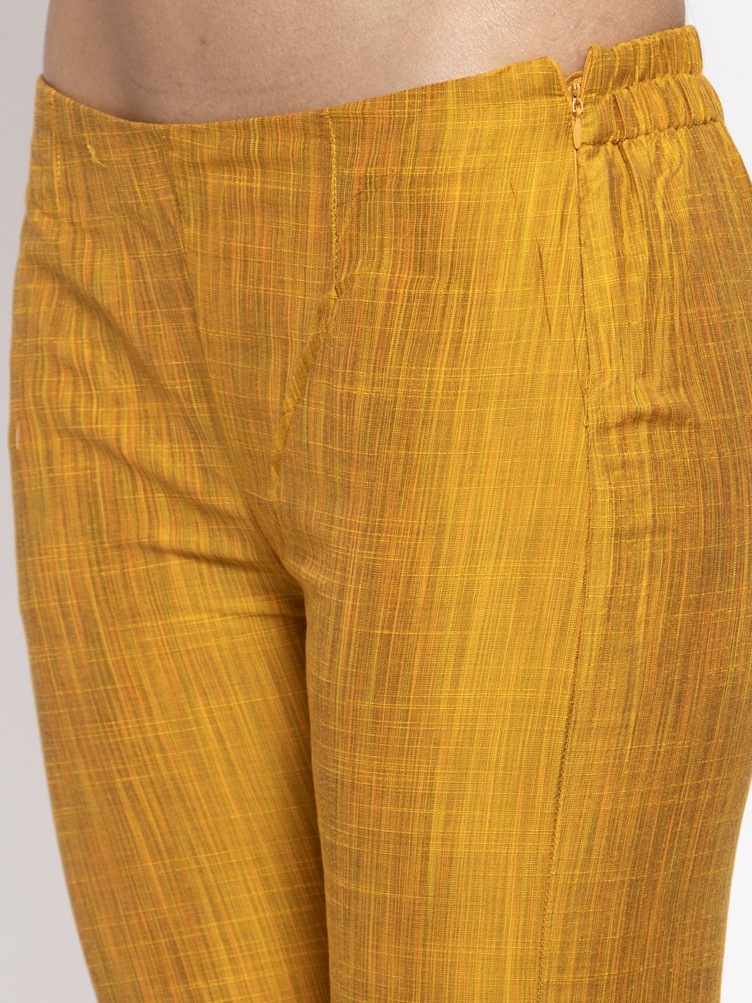 Jompers Women Yellow Self-Striped Kurta with Trousers & Art Silk Printed Dupatta
