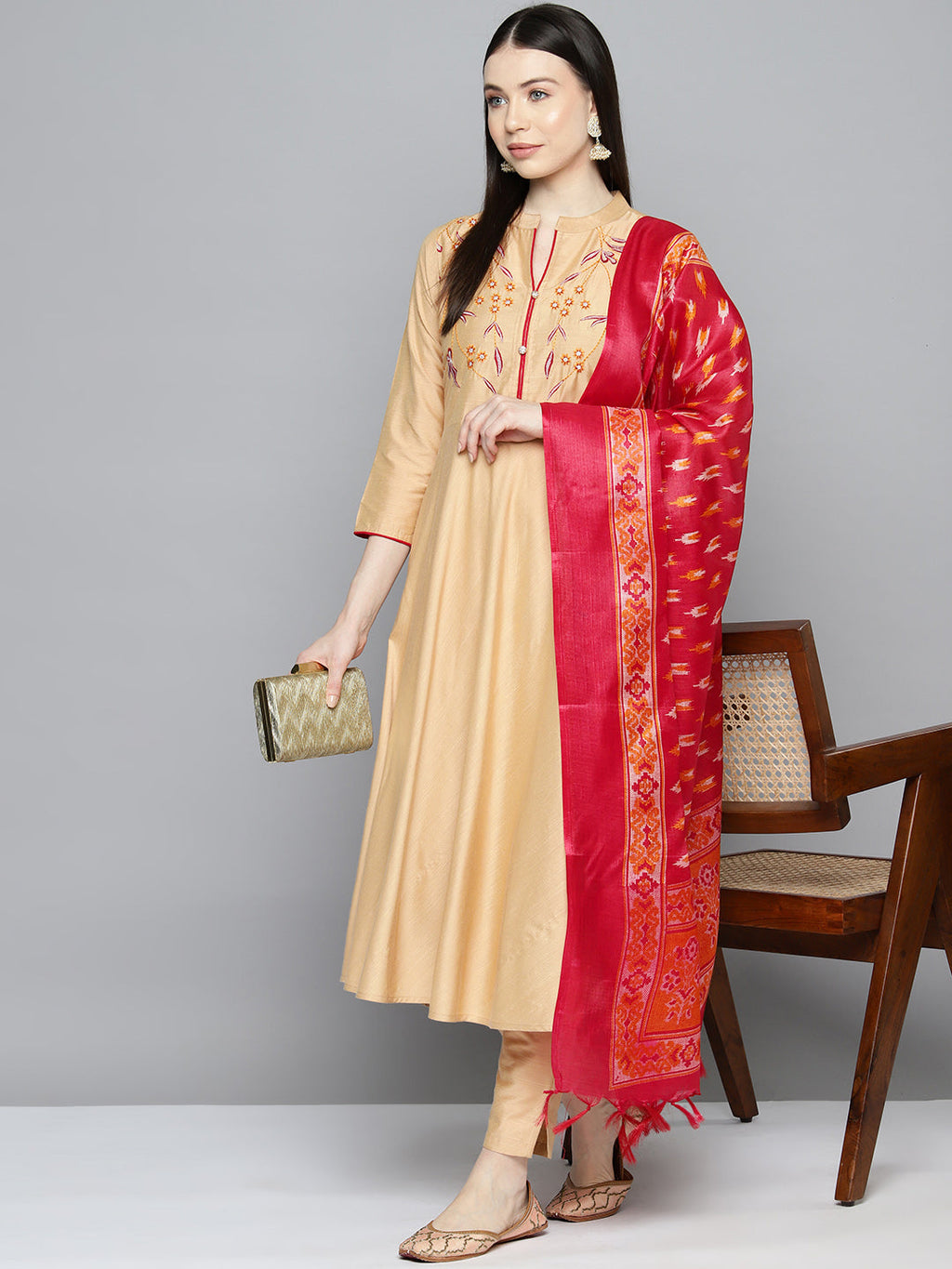 Jompers Women's Embroidered Cotton Silk Flared kurta,pant with dupatta set - Golden