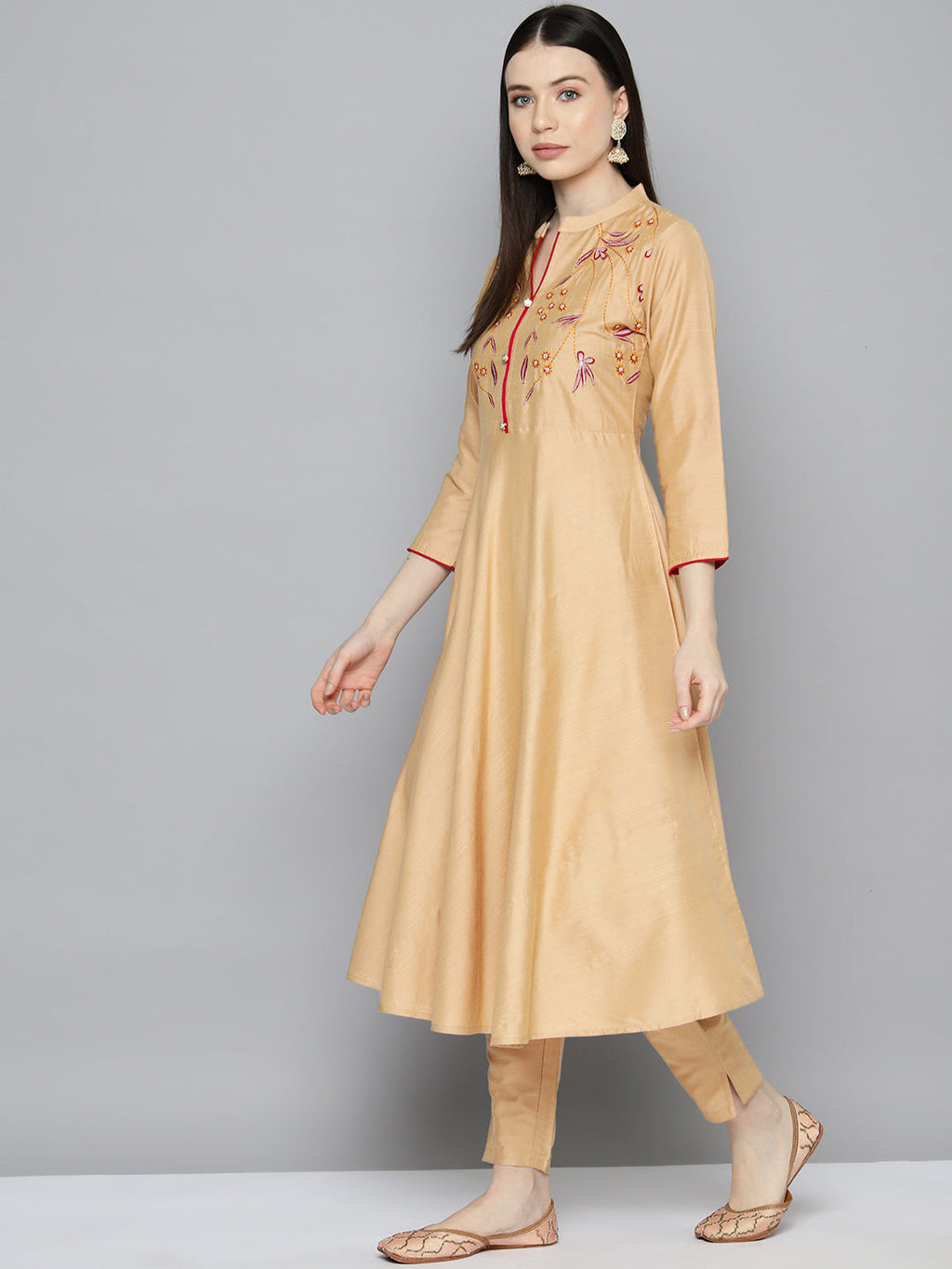 Jompers Women's Embroidered Cotton Silk Flared kurta,pant with dupatta set - Golden
