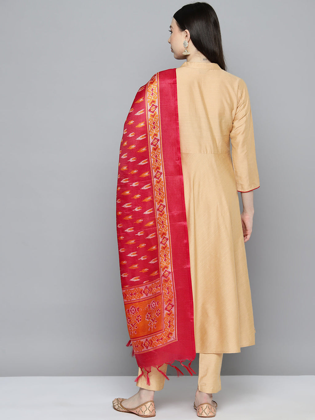 Jompers Women's Embroidered Cotton Silk Flared kurta,pant with dupatta set - Golden