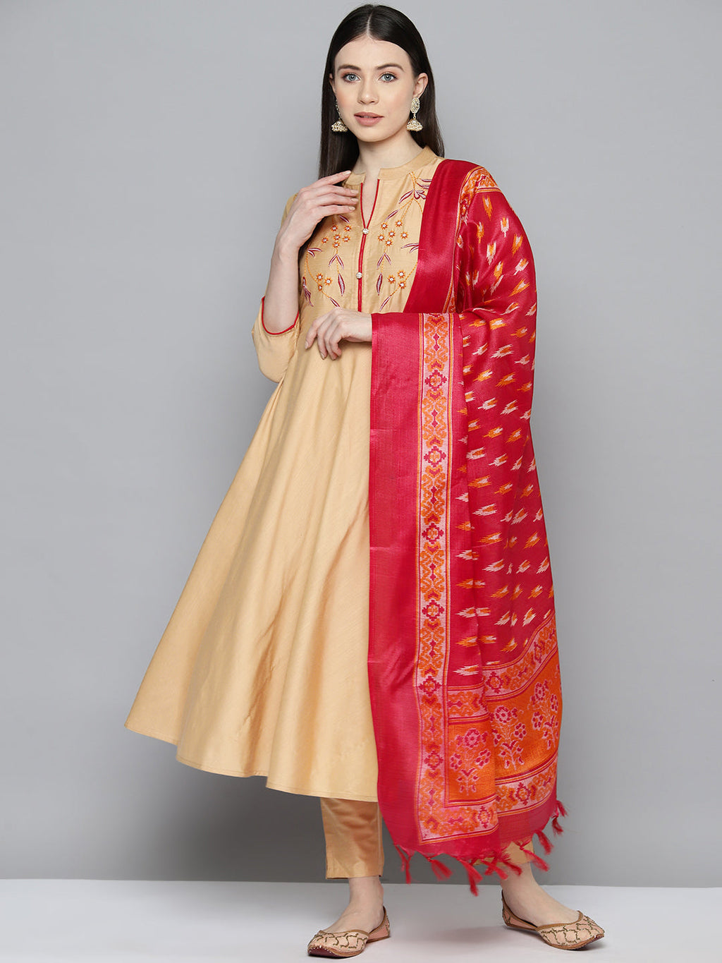 Jompers Women's Embroidered Cotton Silk Flared kurta,pant with dupatta set - Golden