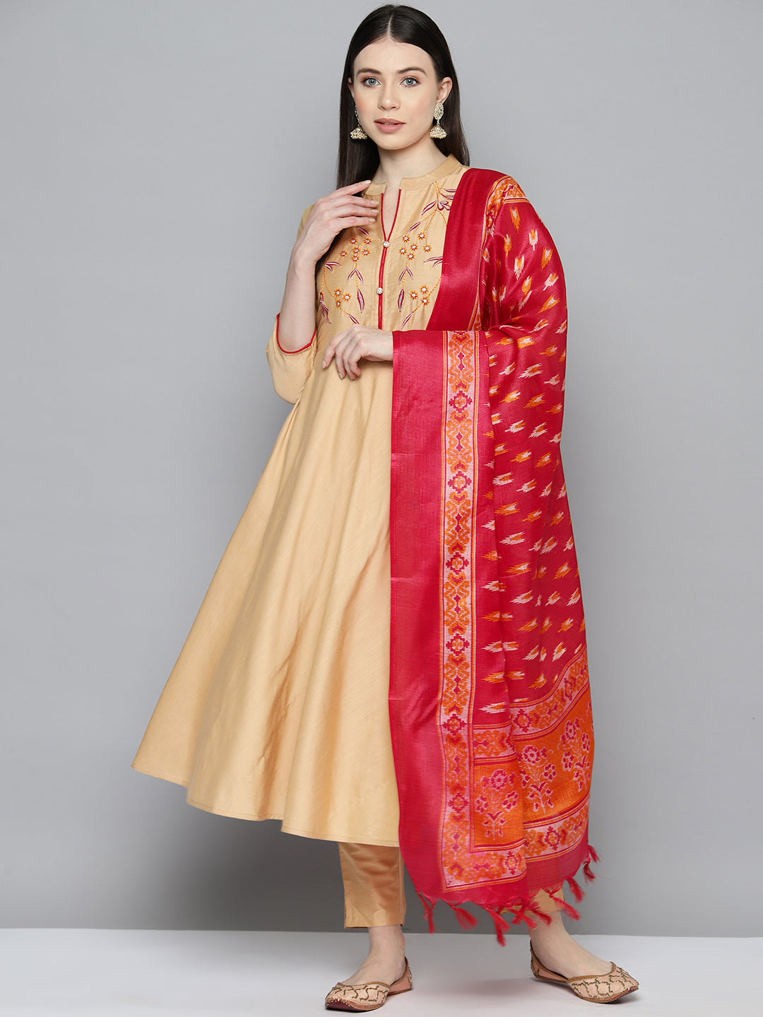Jompers Women's Embroidered Cotton Silk Flared kurta,pant with dupatta set - Golden