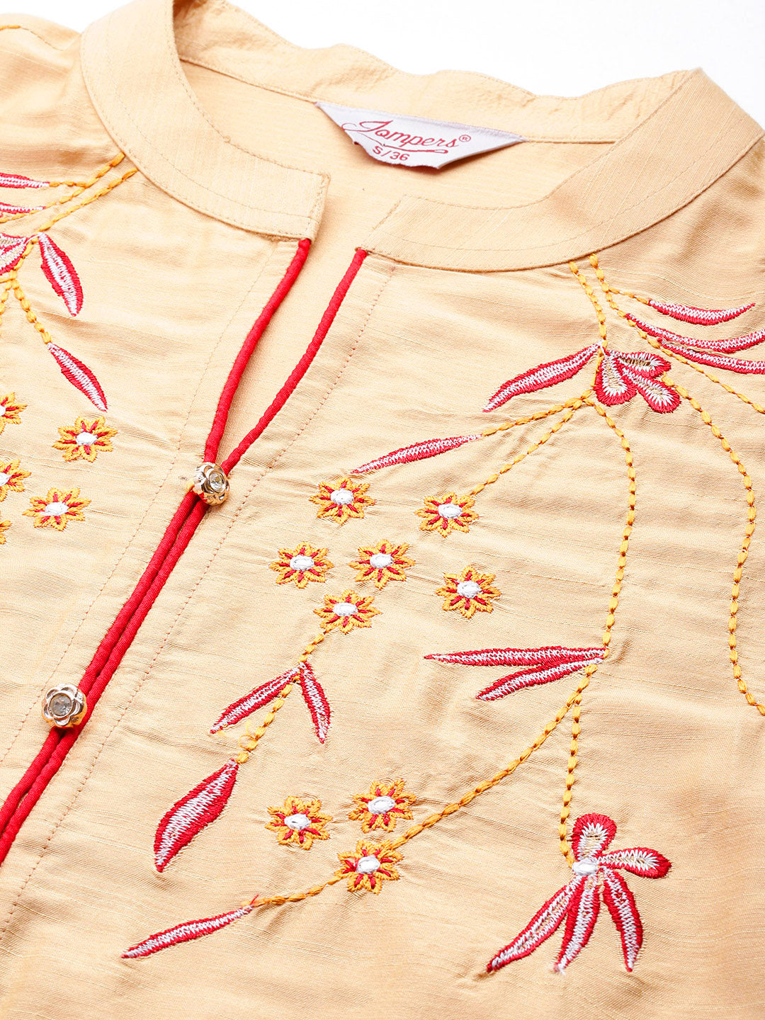 Jompers Women's Embroidered Cotton Silk Flared kurta,pant with dupatta set - Golden