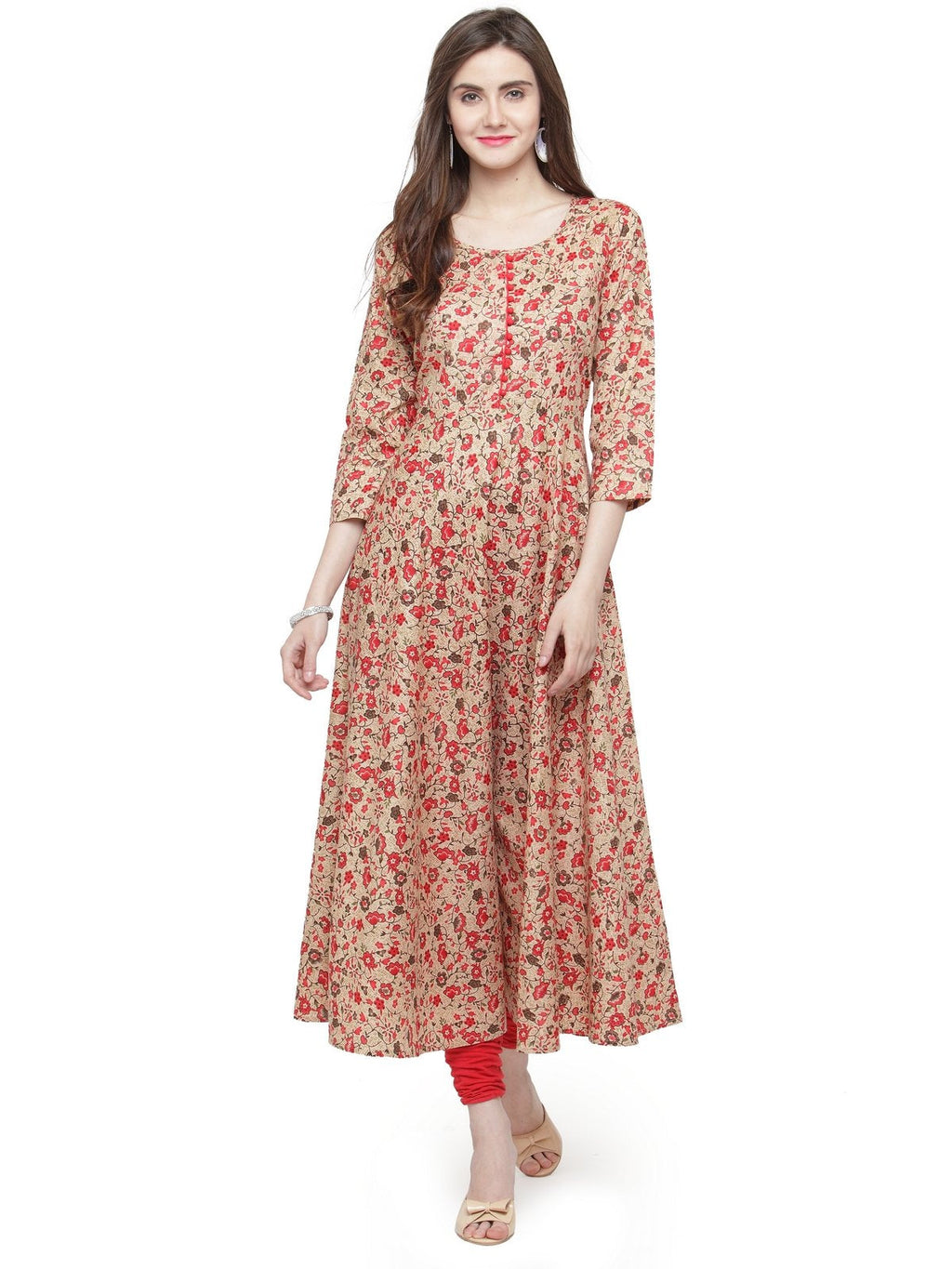 Jompers Women Red & Beige Printed A-Line Kurta