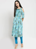 Jompers Women's Blue Printed A-Line Kurta