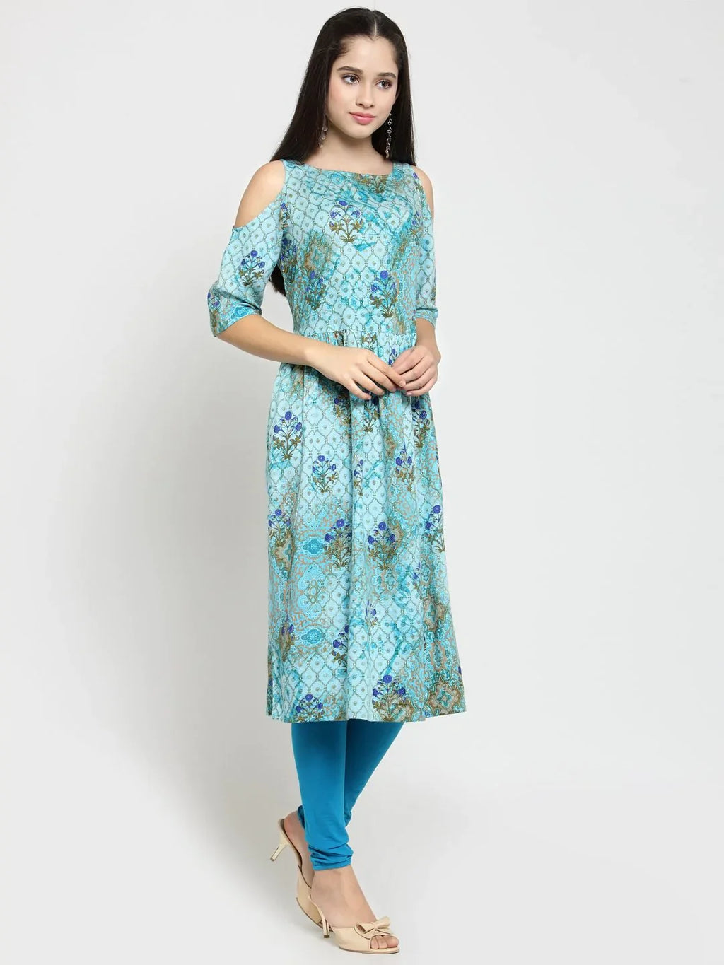 Jompers Women's Blue Printed A-Line Kurta