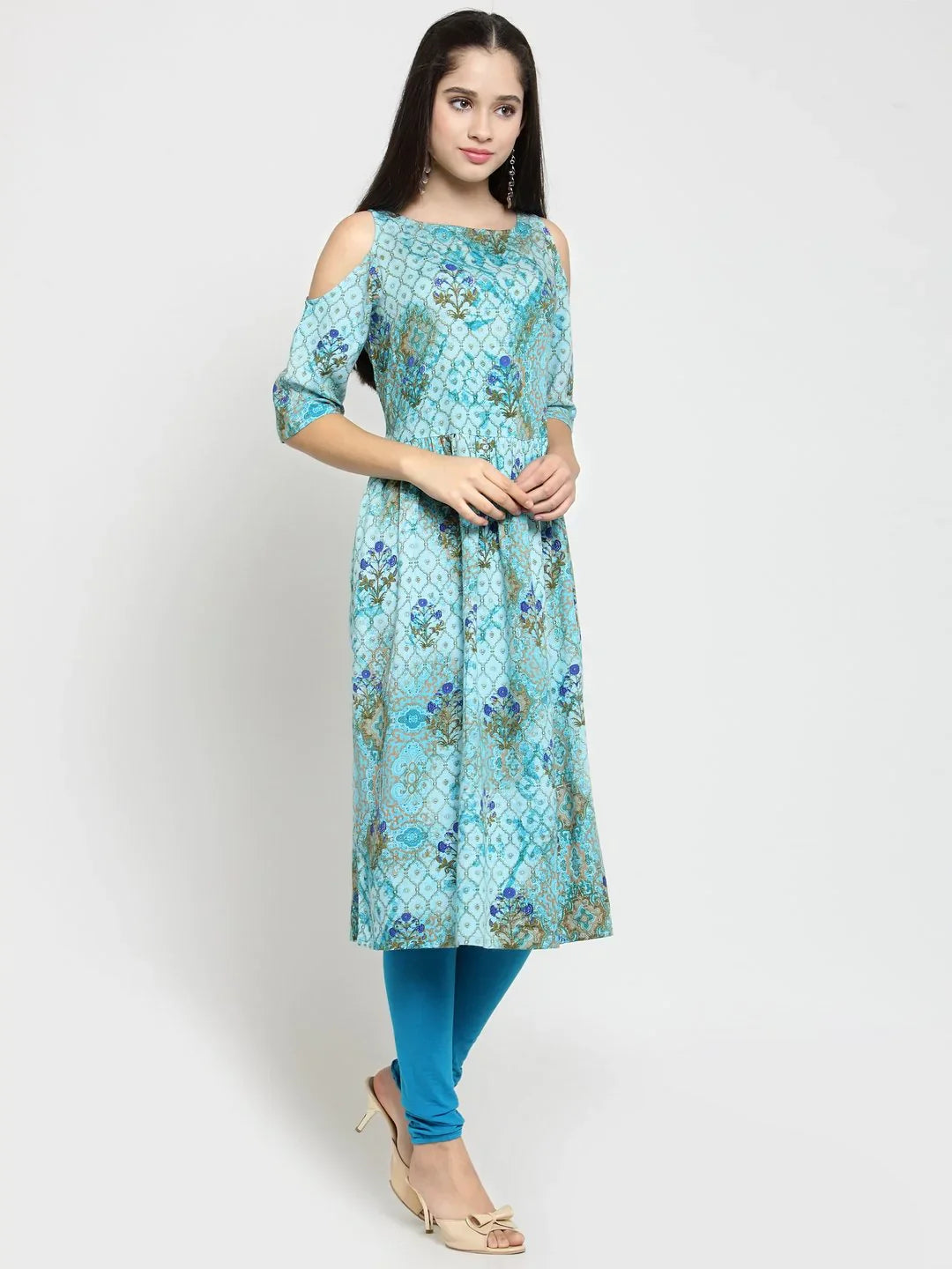 Jompers Women's Blue Printed A-Line Kurta
