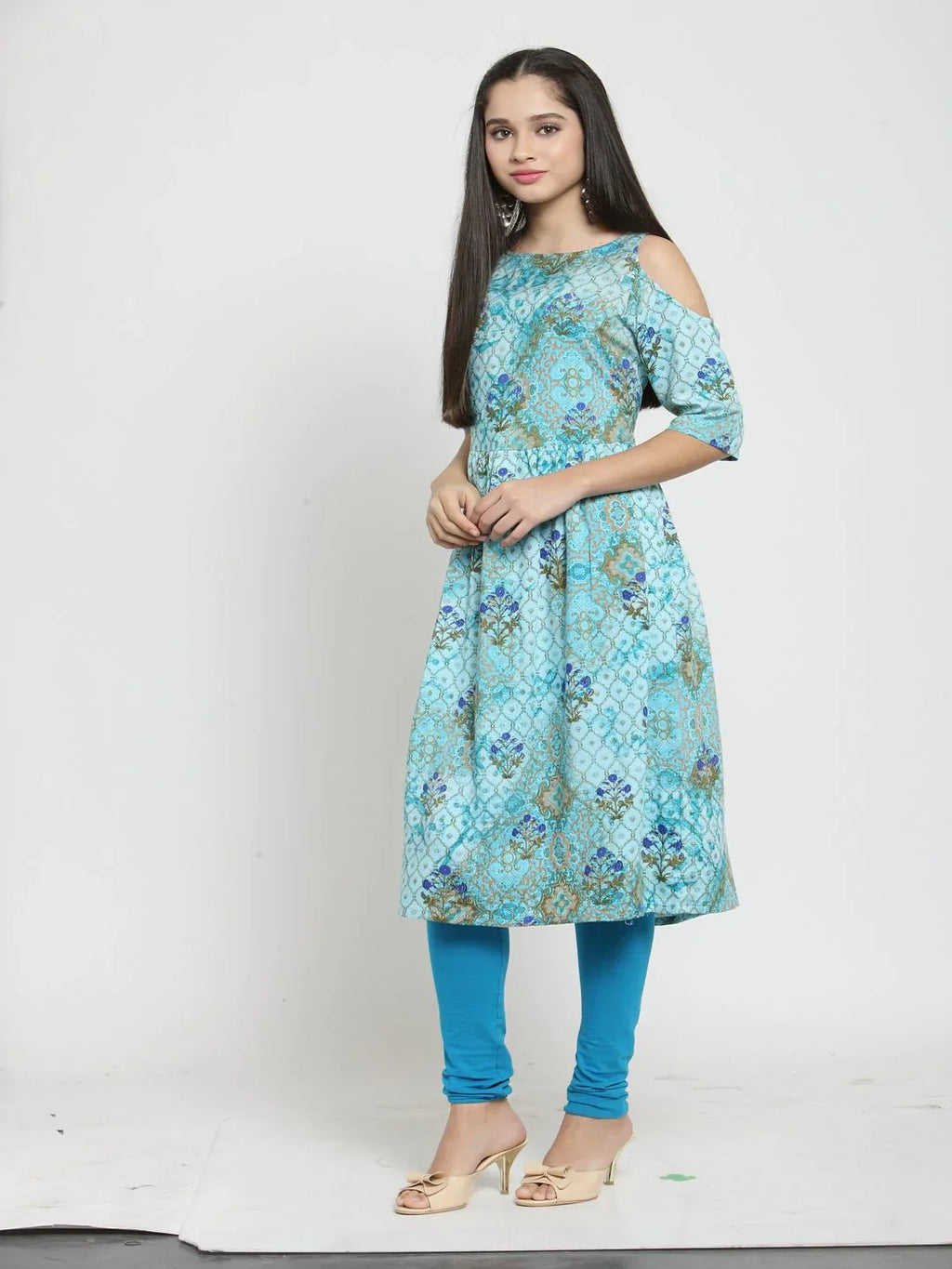 Jompers Women's Blue Printed A-Line Kurta