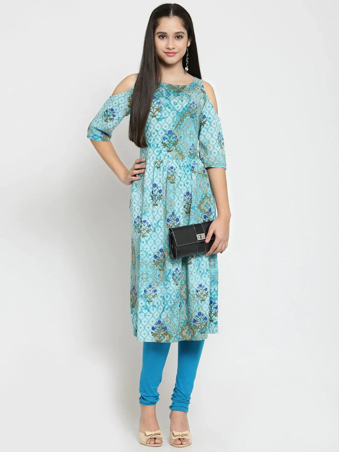 Jompers Women's Blue Printed A-Line Kurta