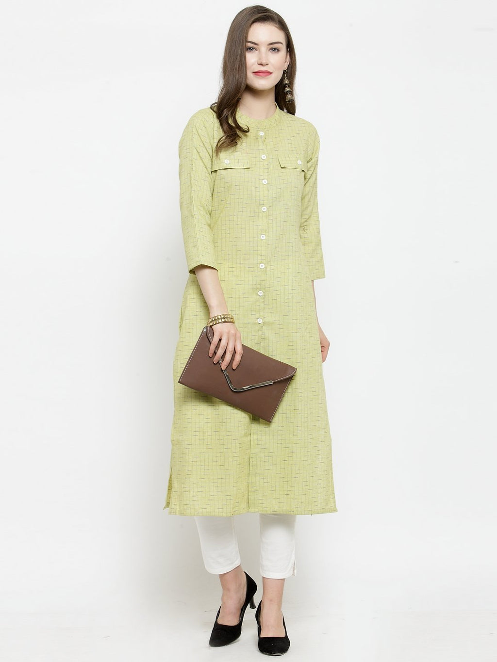 Jompers Women Green woven design Straight Kurta