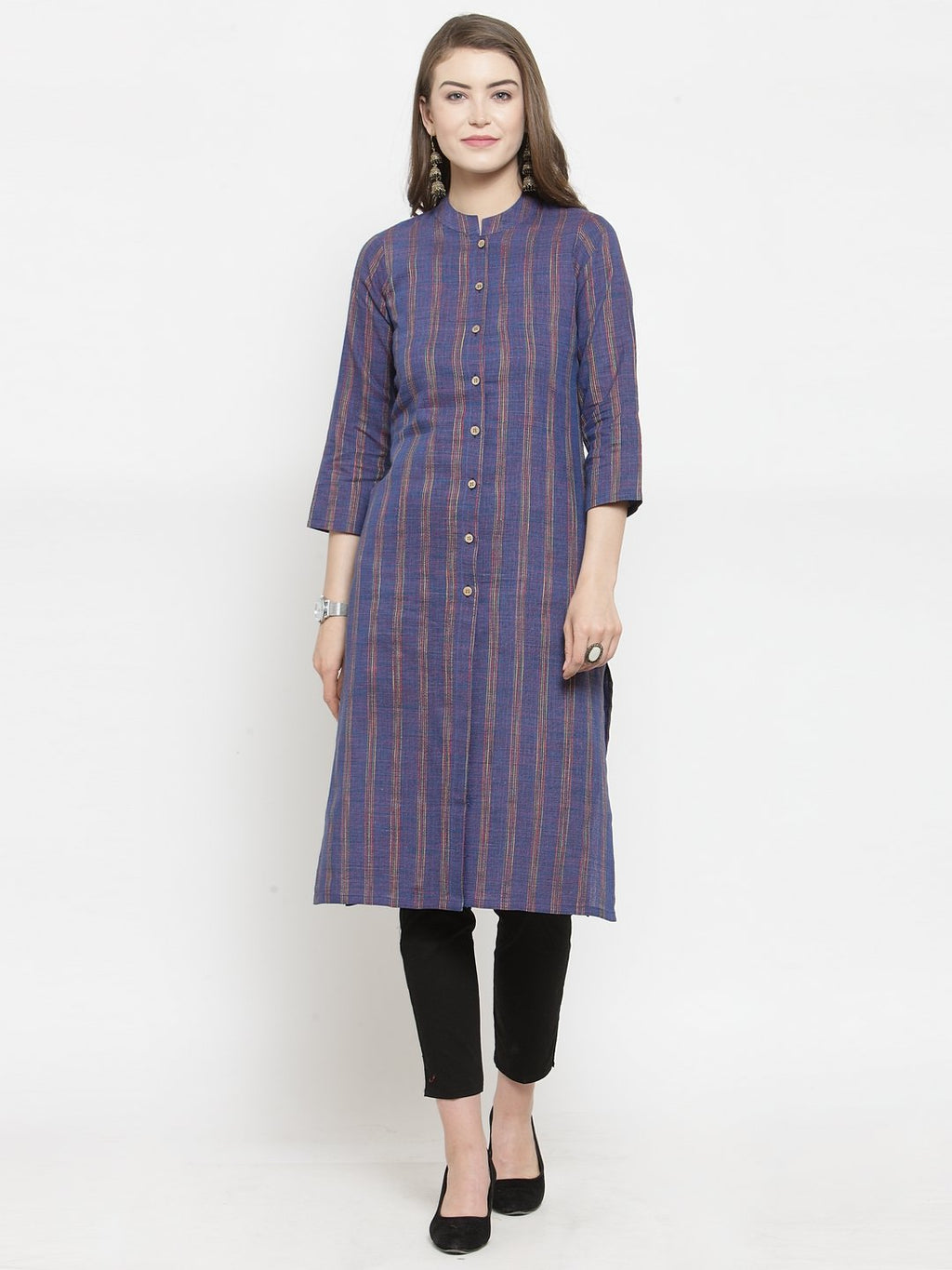 Jompers Women Blue Blue Striped Cotton-blend Straight Kurta