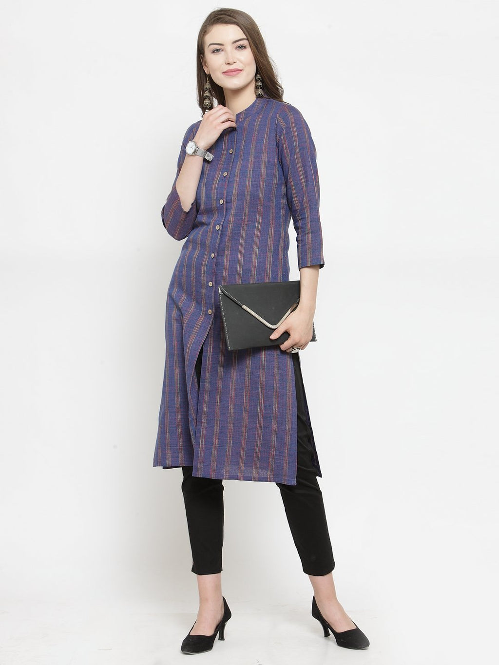 Jompers Women Blue Blue Striped Cotton-blend Straight Kurta