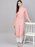 Jompers Women Red & Off-White Striped Cotton Straight Kurta