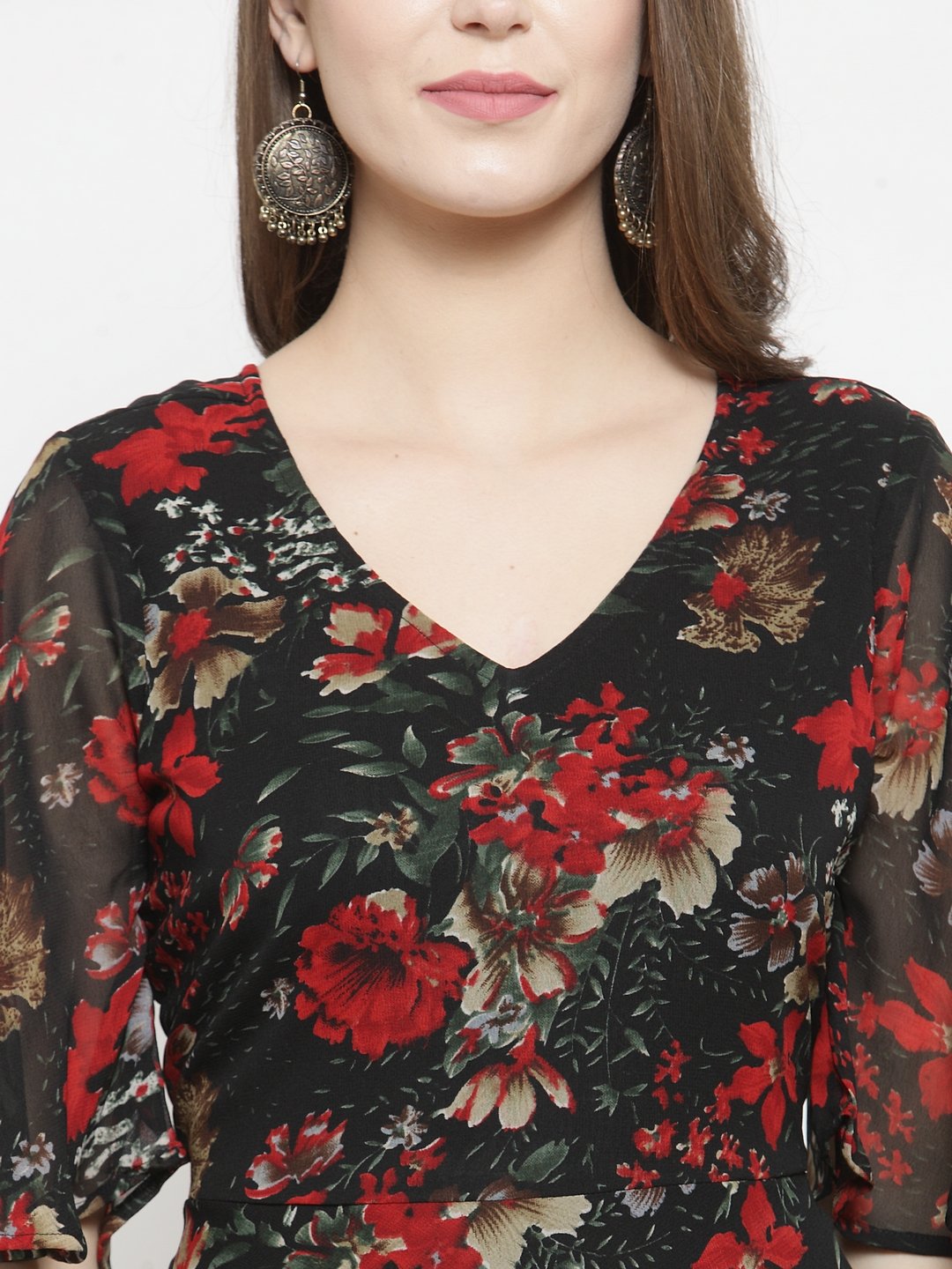 Jompers Women Black & Red Floral Printed Gorgette Flared Kurta