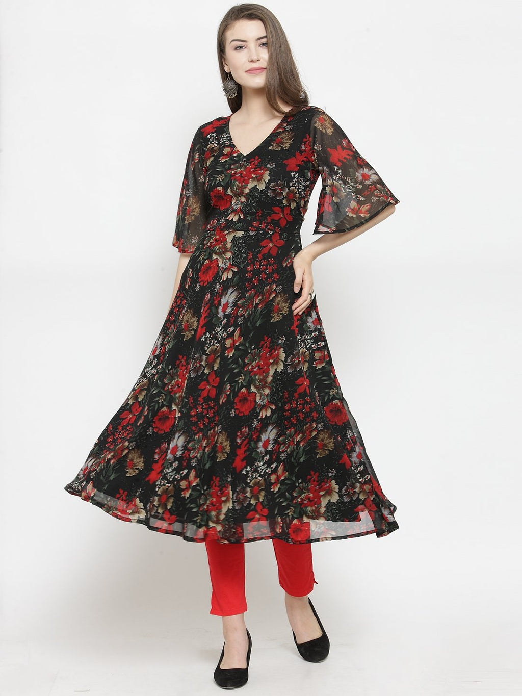 Jompers Women Black & Red Floral Printed Gorgette Flared Kurta