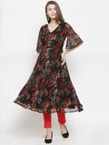 Jompers Women Black & Red Floral Printed Gorgette Flared Kurta