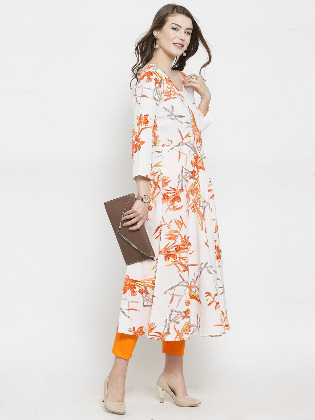 Jompers Women White & Orange Floral Printed Rayon Flared Kurta