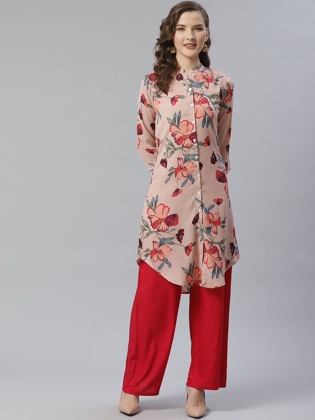 Jompers Women Peach & Red Printed Summer-cool A-line Kurta