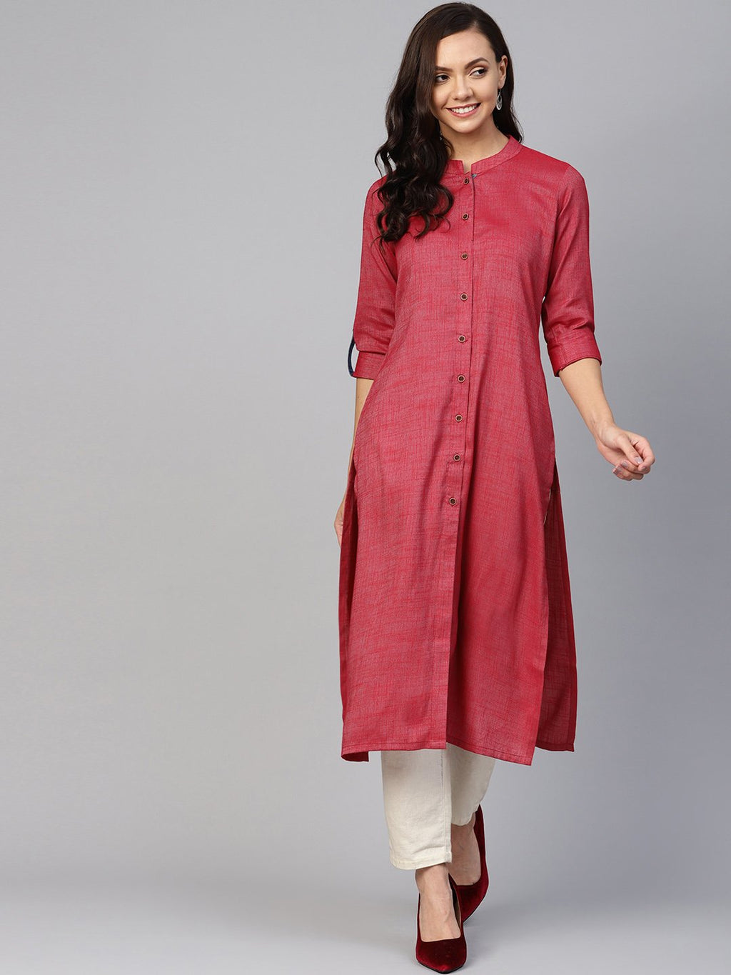 Jompers Women Maroon Woven Design Straight Rayon Kurta