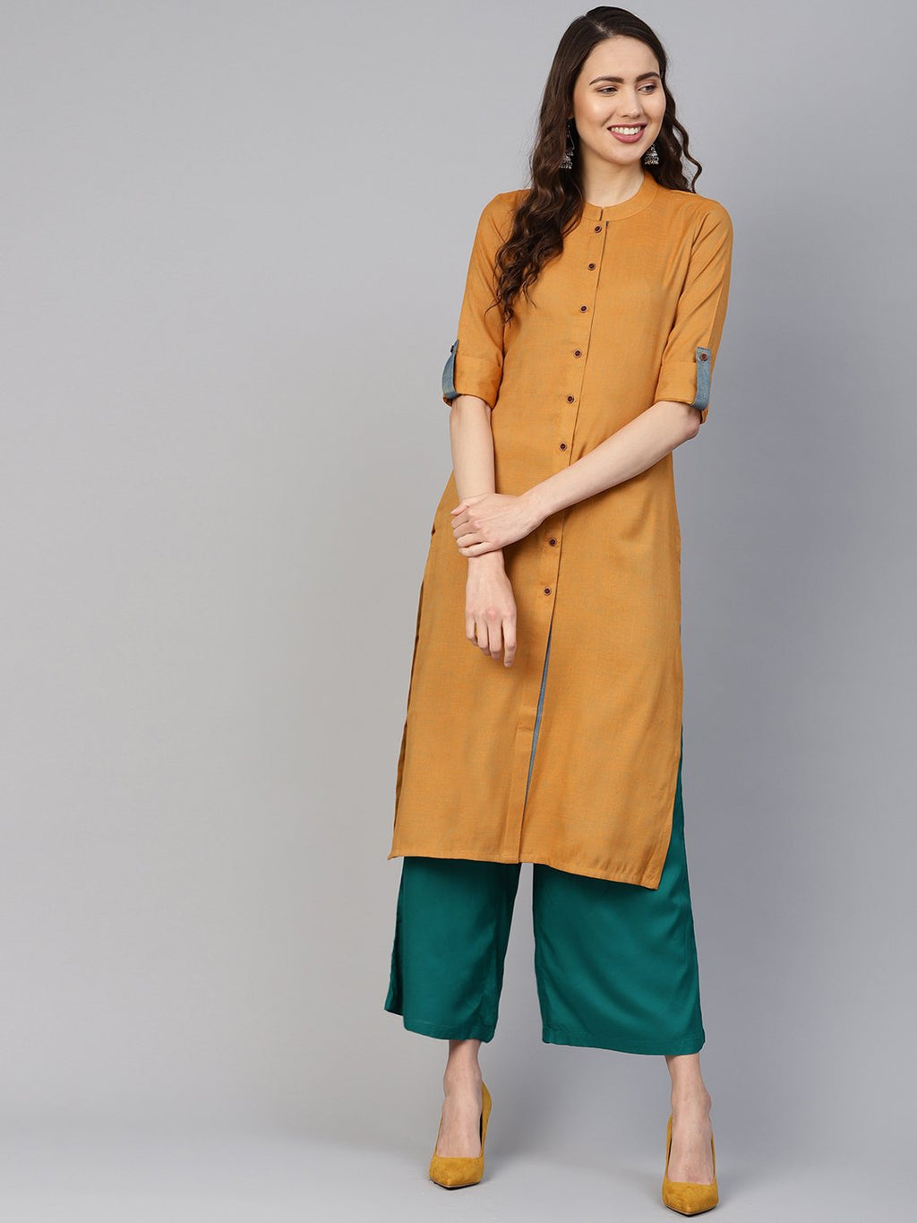 Jompers Women Mustard Woven Design Straight Rayon Kurta