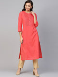Jompers Women Peach Cotton Straight Kurta with Pintucks